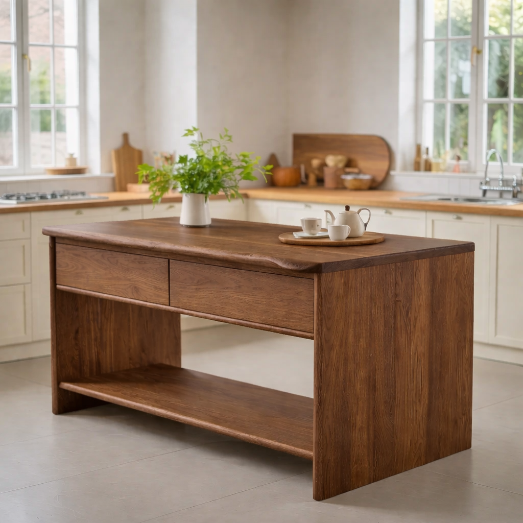 Modern Solid Wood Kitchen Island with Drawer and Open Shelf Storage Prep Table