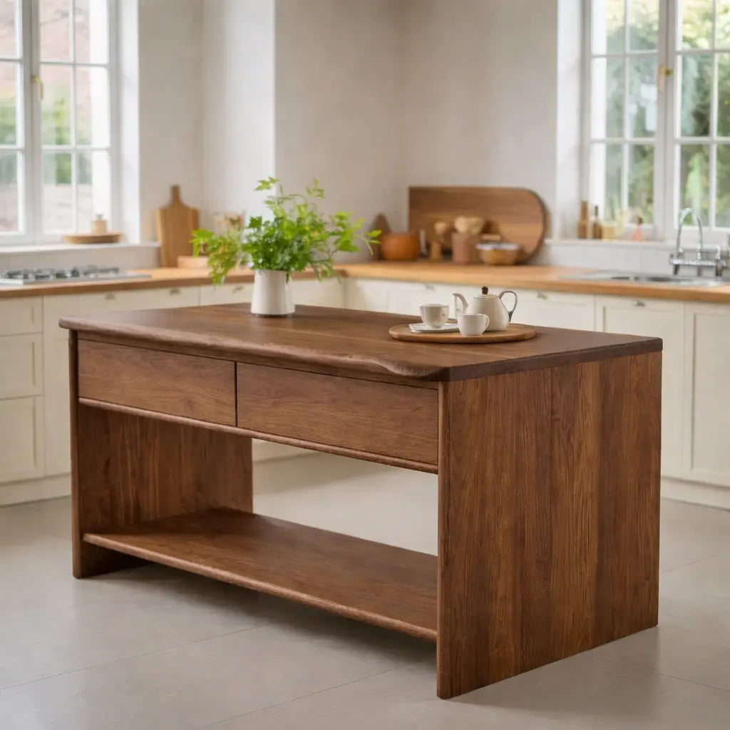 Modern Solid Wood Kitchen Island with Drawer and Open Shelf Storage Prep Table Kitchnce