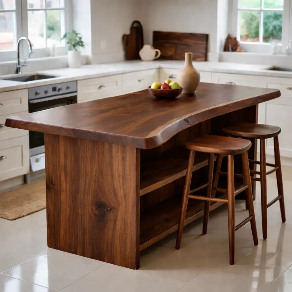 Live Edge Solid Wood Kitchen Island with Open Shelf Storage and Seating Bar Table Kitchnce