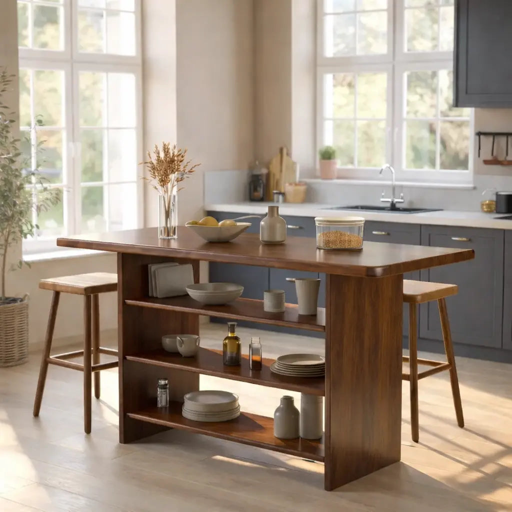 Solid Wood Kitchen Island with Open Storage Shelves and Kitchen Bar Table Kitchnce