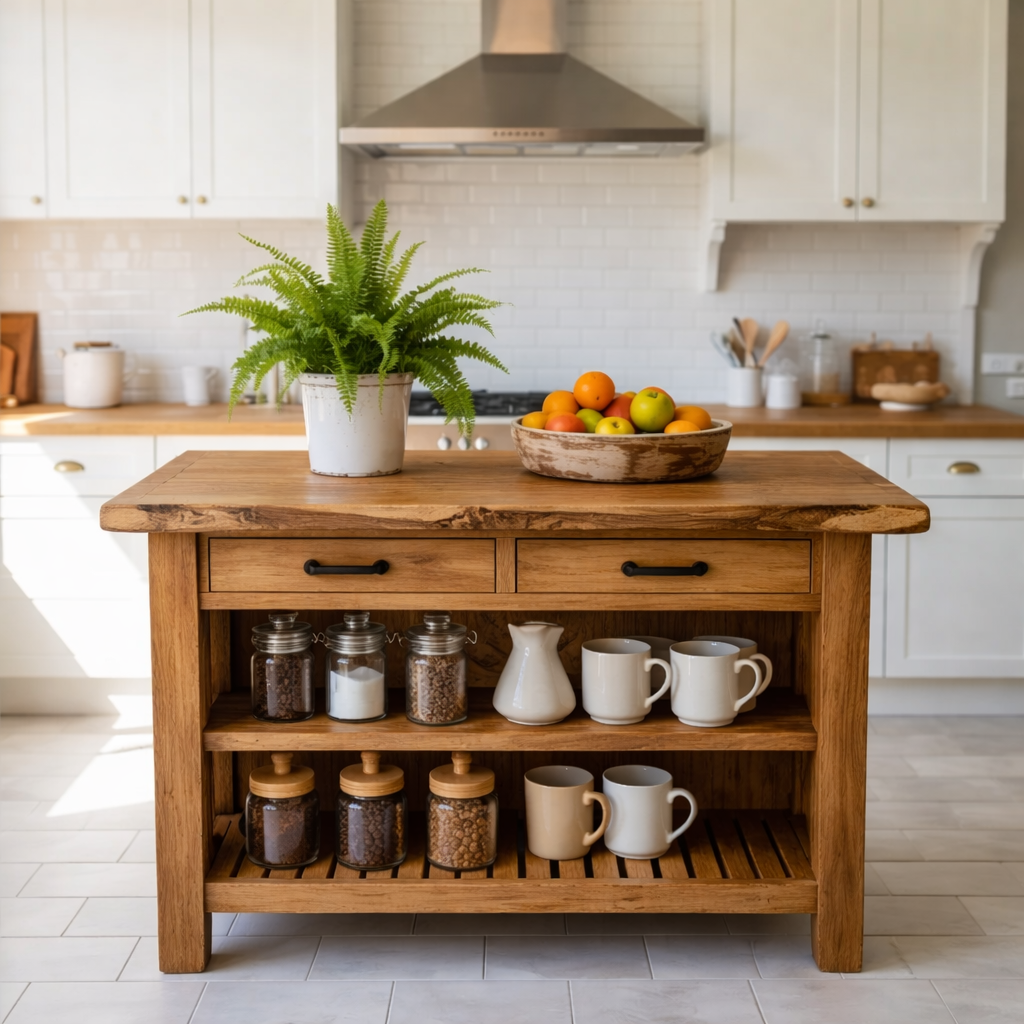 Solid Wood Kitchen Island with Drawers and Open Shelf Storage Wooden Prep Table