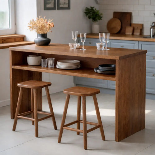 Modern Solid Wood Kitchen Island with Open Shelf Storage and Breakfast Bar Table Kitchnce