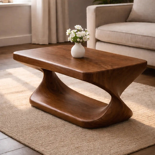 Modern Solid Wood Coffee Table with Sculptural Curved Base and Rectangular Wood Top Kitchnce