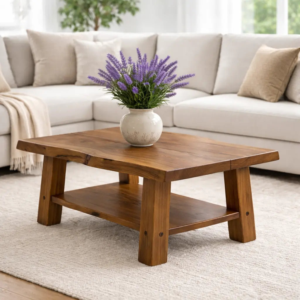 Solid Wood Coffee Table with Storage Shelf Rustic Wooden Living Room Table Kitchnce