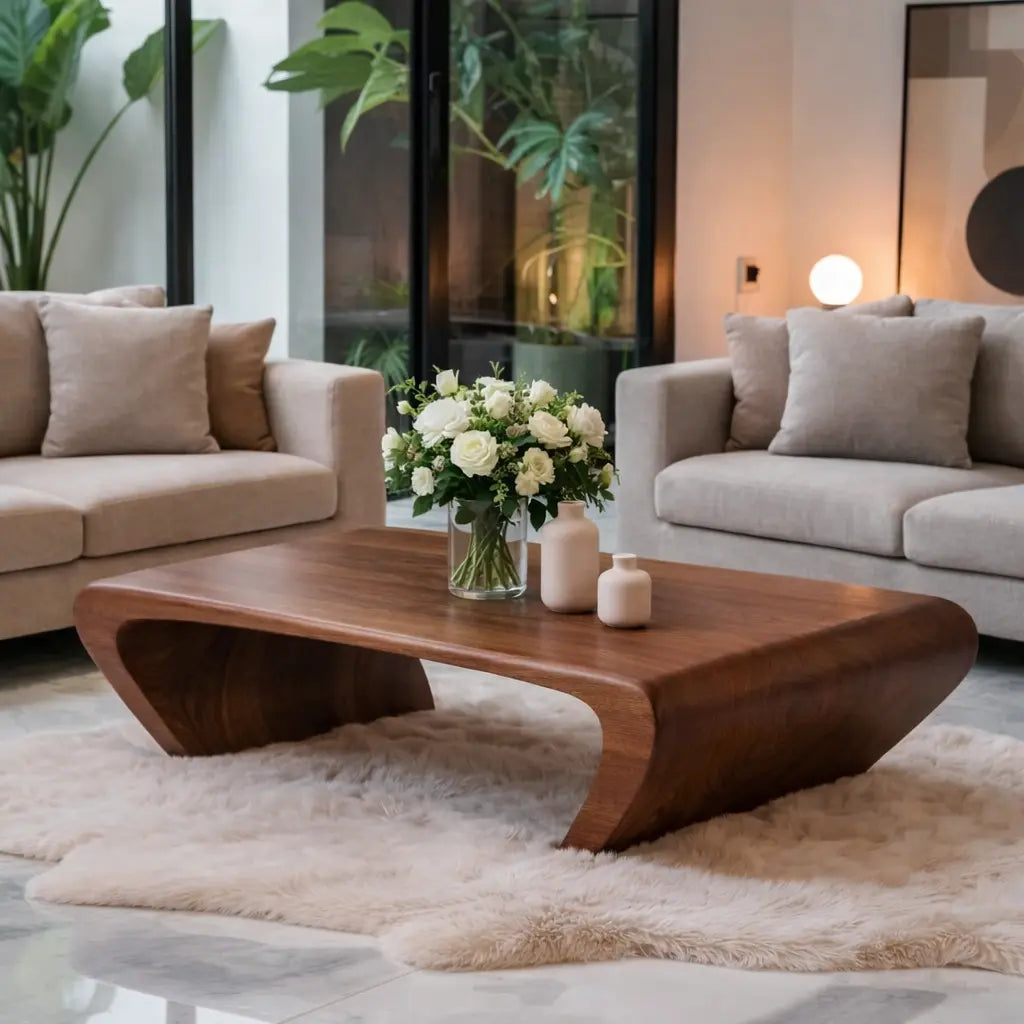 Modern Solid Wood Coffee Table with Sculptural Curved Base Minimalist Living Room Table Kitchnce