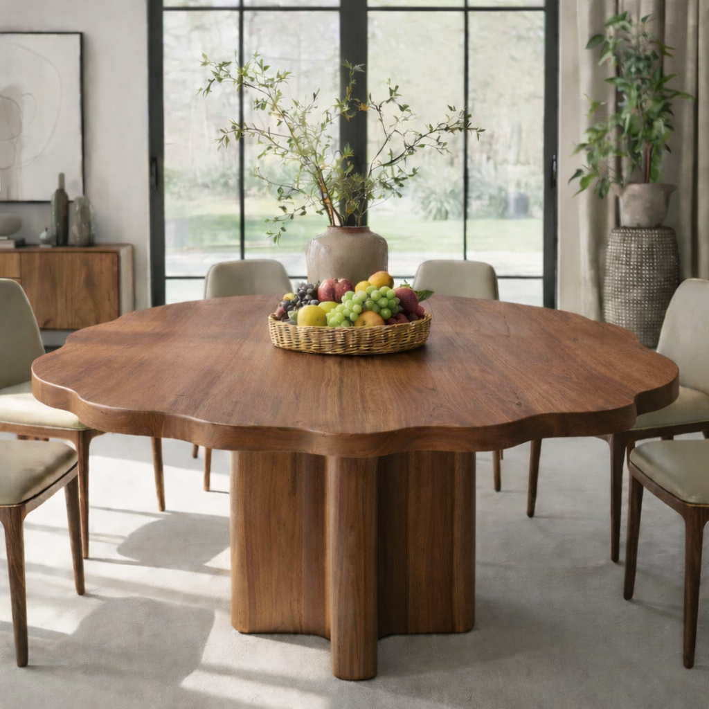 Round Solid Wood Dining Table with Sculptural Pedestal Base Modern Rustic Table
