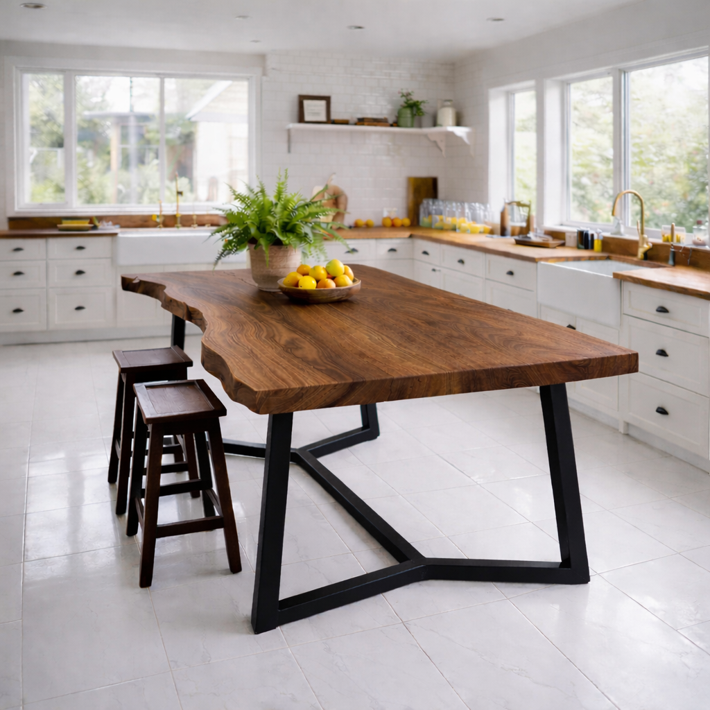 Live Edge Solid Wood Dining Table with Modern Black Metal Legs Rustic Kitchen Table