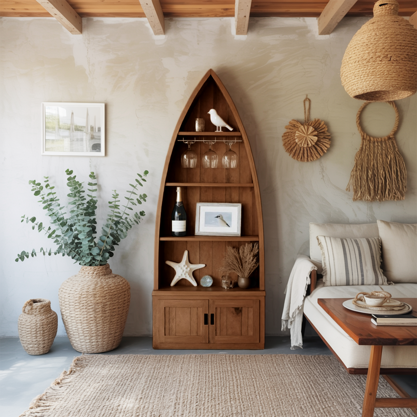 Boat Shaped Display Cabinet With Storage Drawers For Living Room And Entryway Kitchnce