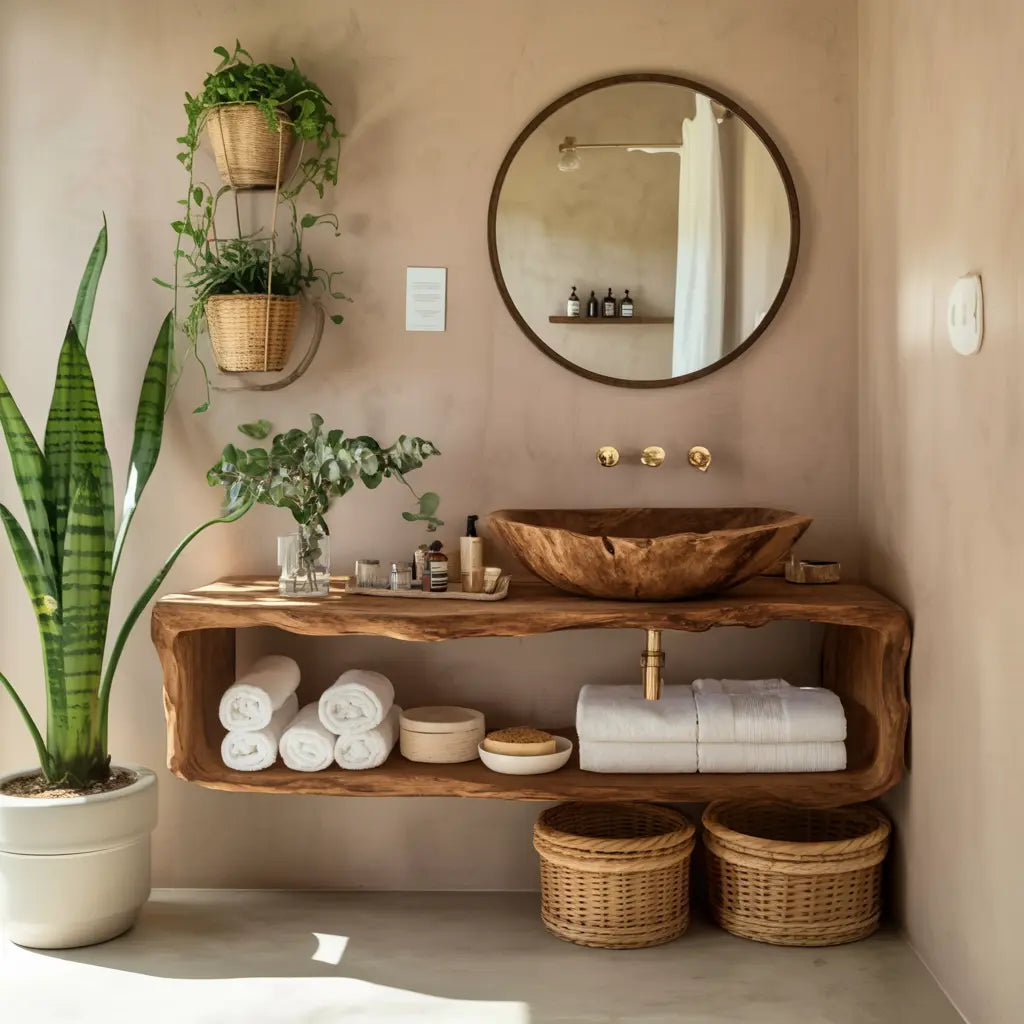 Handcrafted Wooden Vanity For Bathroom Natural Look Kitchnce