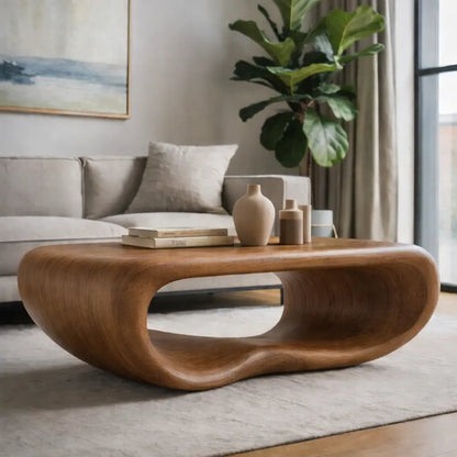 Modern Solid Wood Coffee Table with Sculptural Curved Design Minimalist Living Room Table Kitchnce