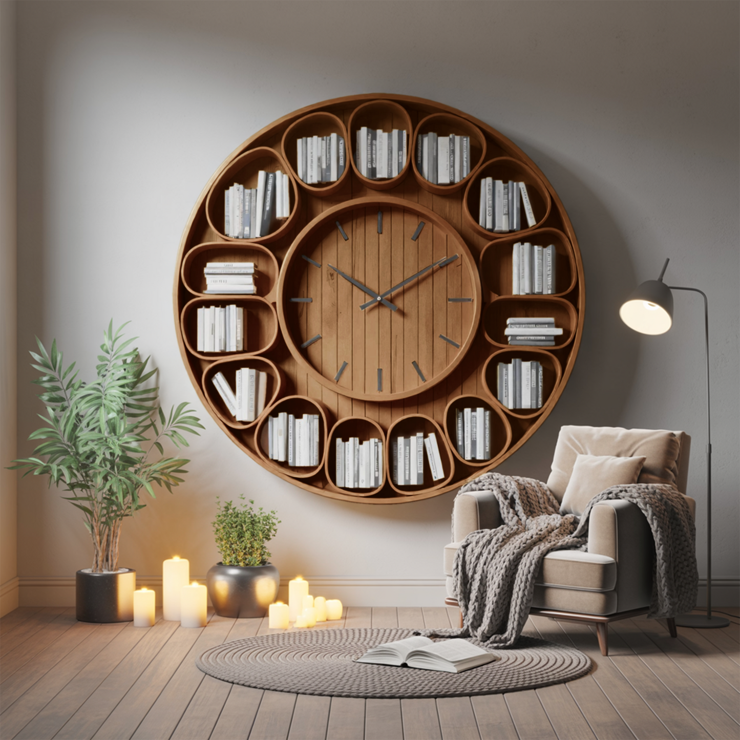 Contemporary Round Wall Bookshelf With Clock For Living Room And Home Office Kitchnce