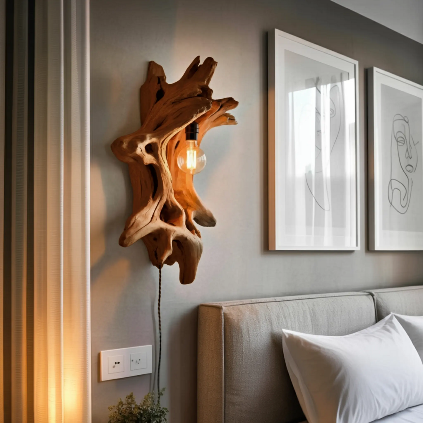 Driftwood Wall Lamp With Carved Form For Rustic Modern Living Room Kitchnce