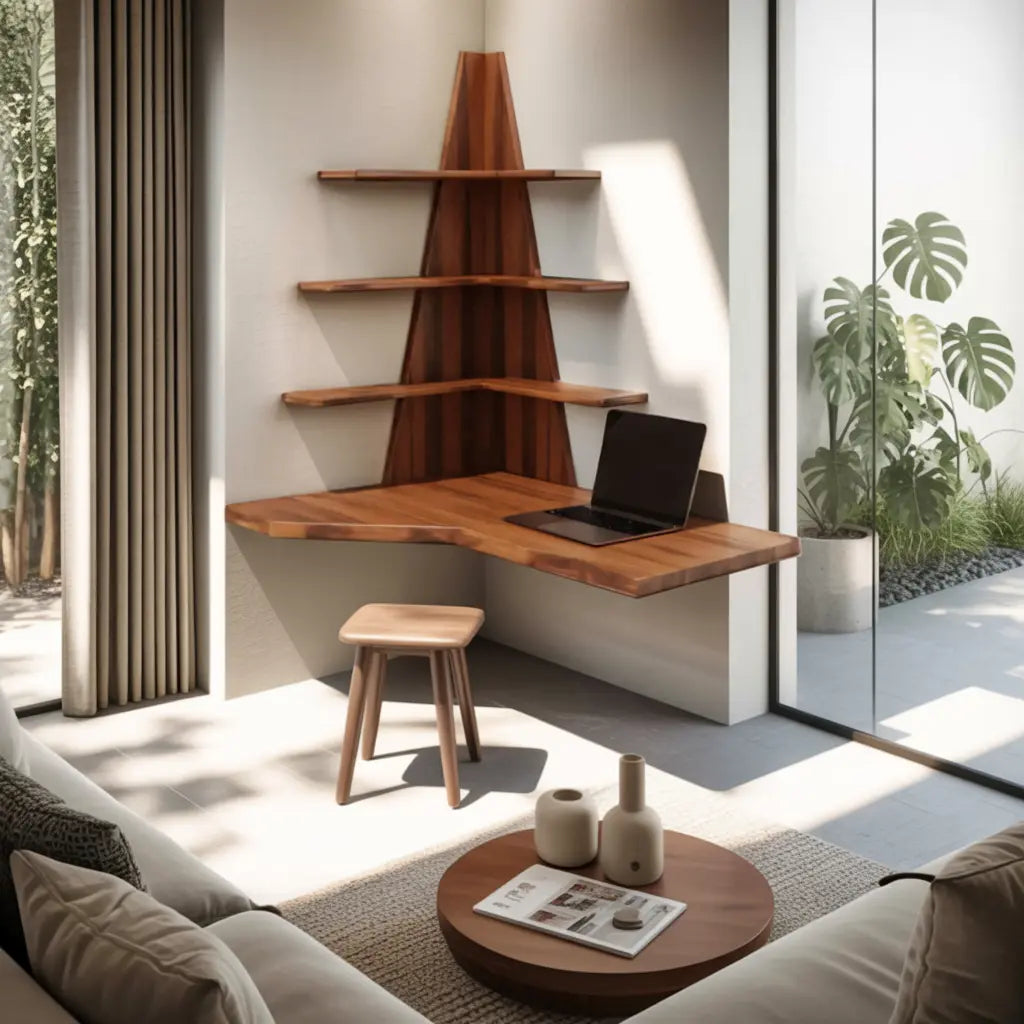 Modern Floating Corner Desk With Tree Shelves For Home Office And Apartment Kitchnce