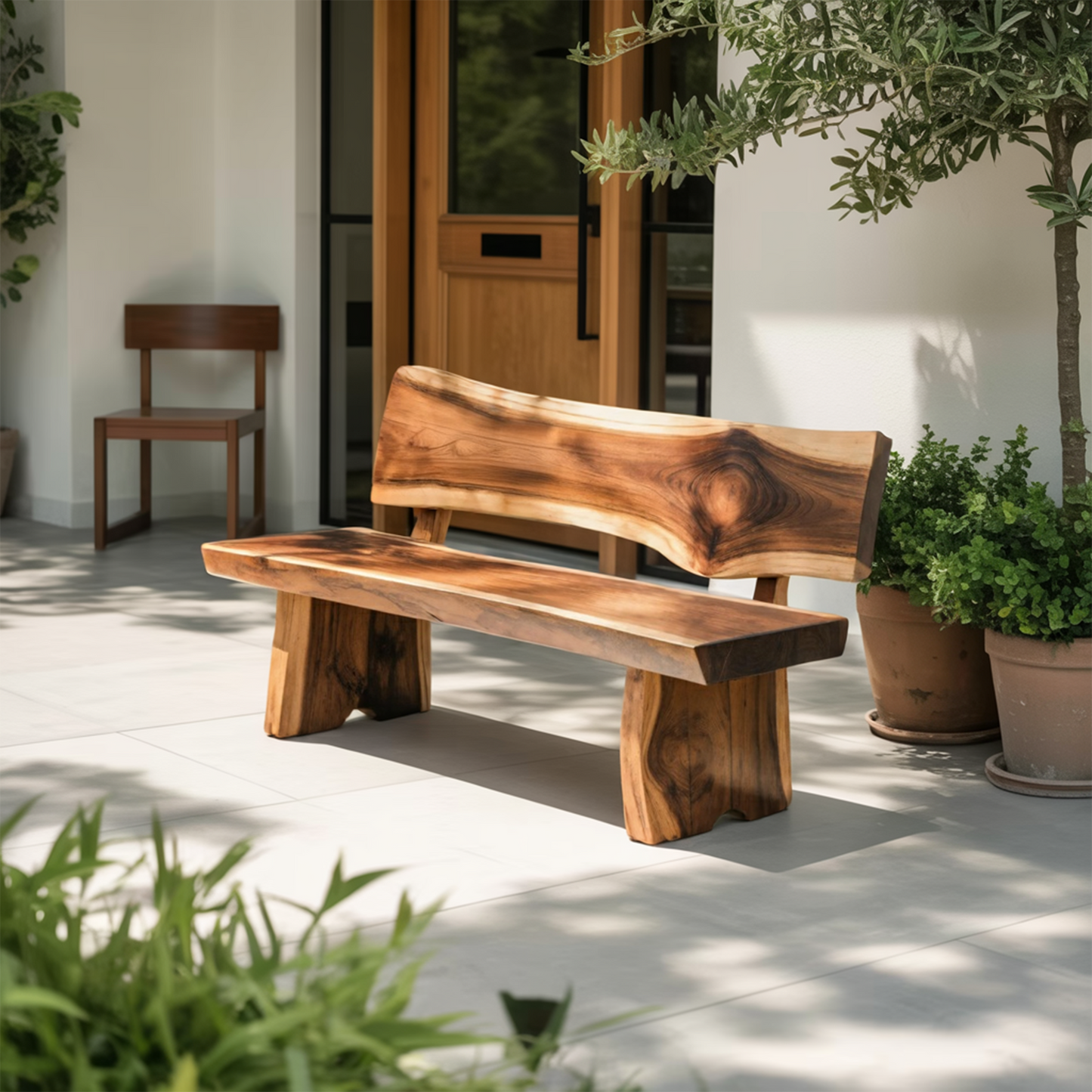 Contemporary Outdoor Wood Bench With Sculpted Back For Patio Or Courtyard Kitchnce