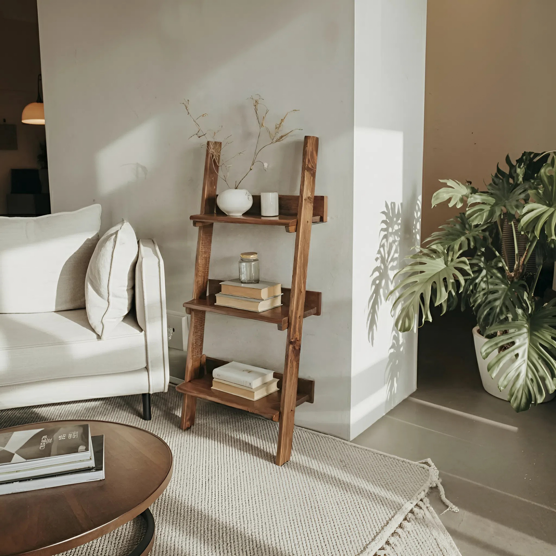 Rustic Ladder Shelf With Tiered Display For Bedroom And Living Room Kitchnce