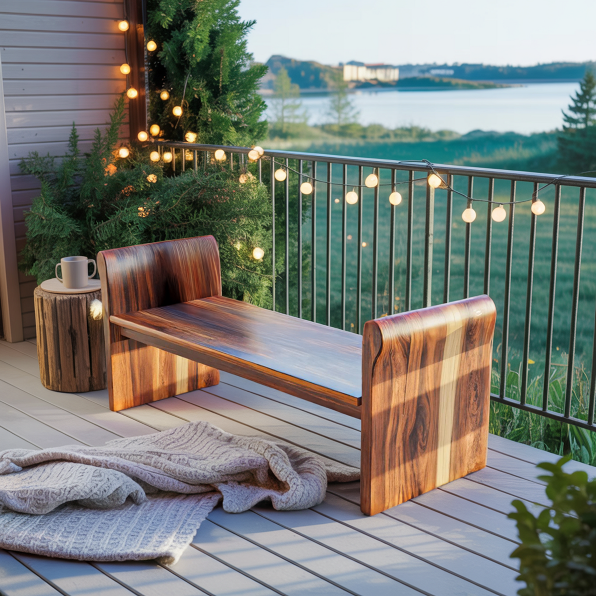 Contemporary Wood Bench With Rounded Armrests For Porch Or Garden Kitchnce