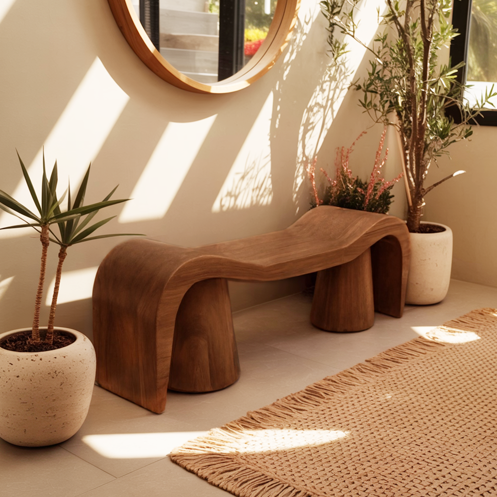 Contemporary Sculpted Wood Bench For Garden Or Patio Kitchnce