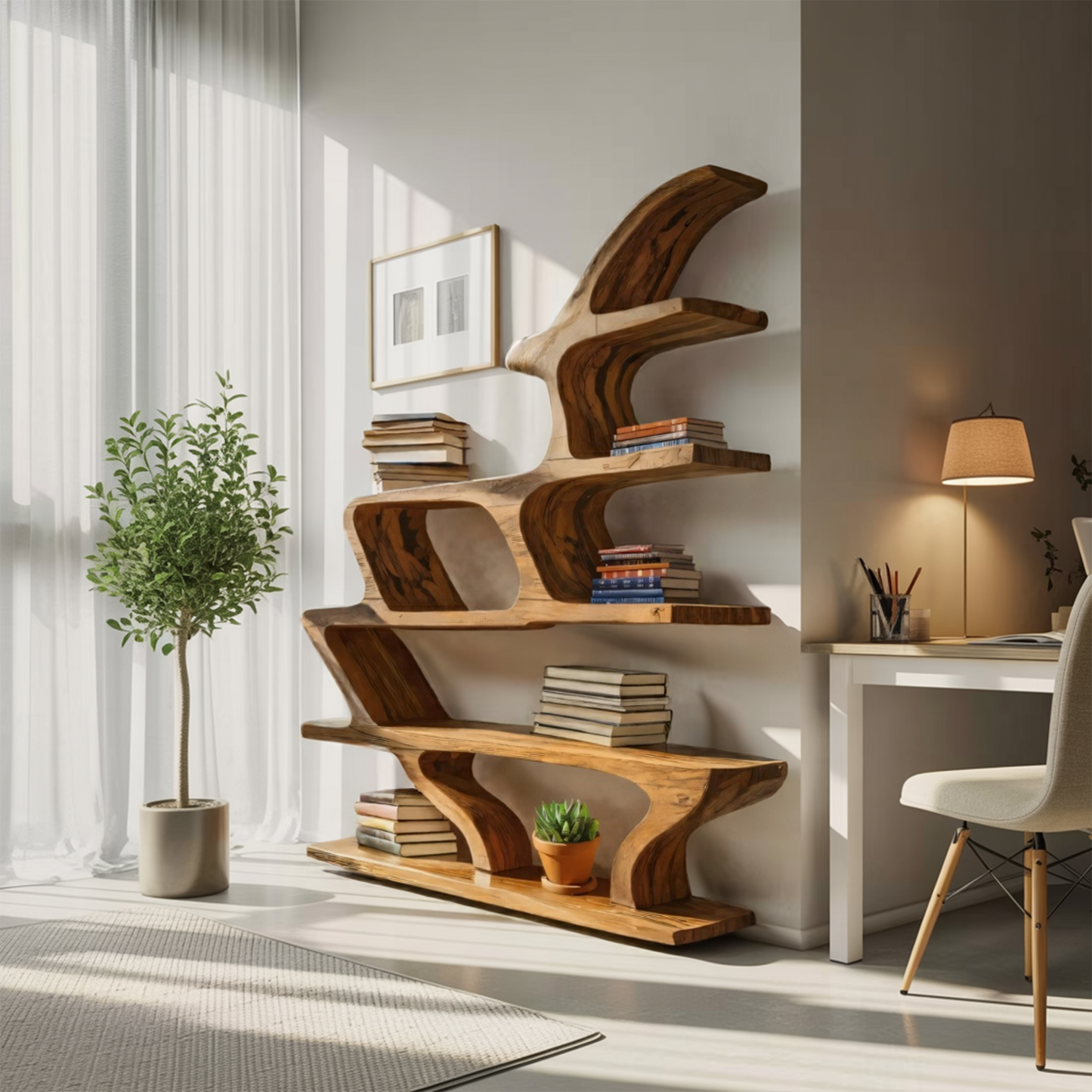 Modern Sculptural Bookshelf With Fluid Shelving For Living Room Kitchnce