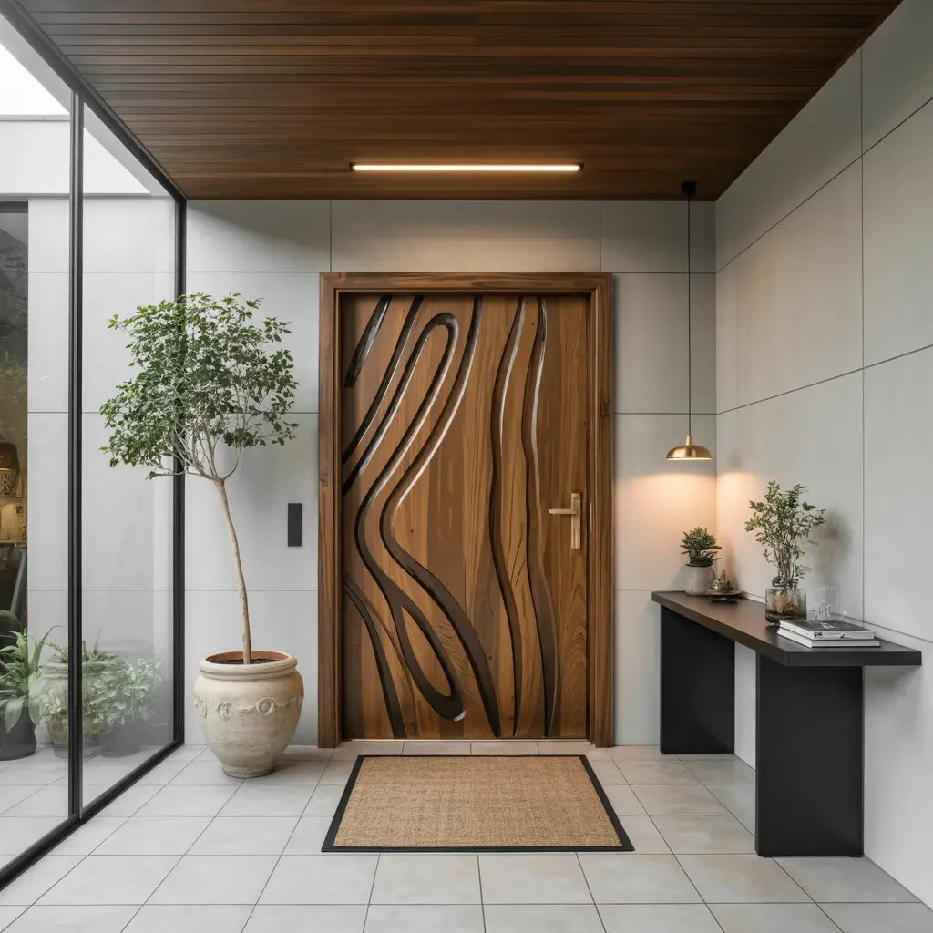Modern Carved Wooden Door For Interior Entryway Kitchnce