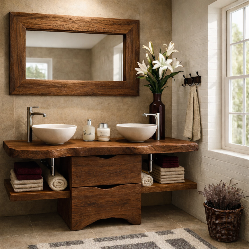 Live Edge Solid Wood Bathroom Vanity with Drawers & Open Shelf