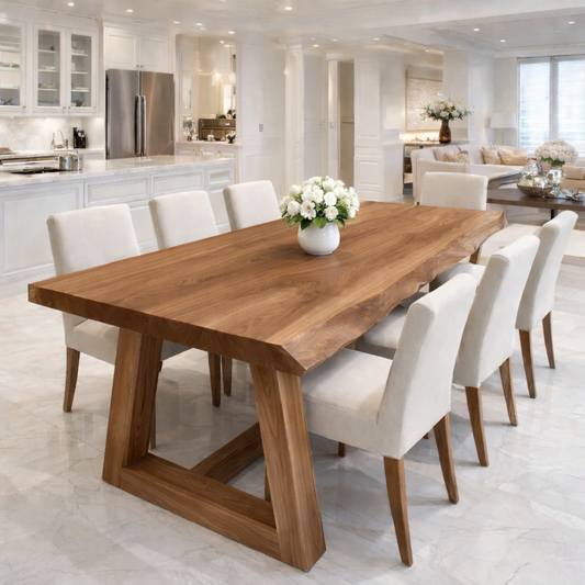 Handcrafted Solid Wood Live Edge Dining Table with Wooden Trestle Base Kitchnce