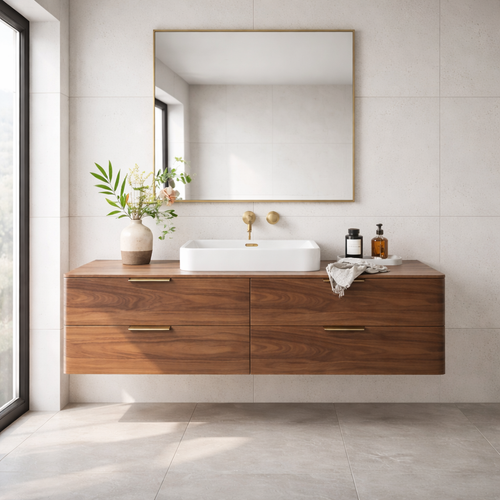 Modern Solid Wood Floating Bathroom Vanity with Four Storage Drawers Kitchnce