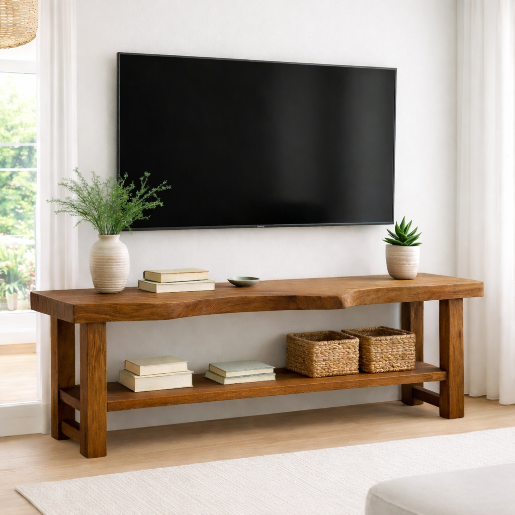 Live Edge Solid Wood TV Stand with Shelf – Rustic Walnut Media Console Table Kitchnce