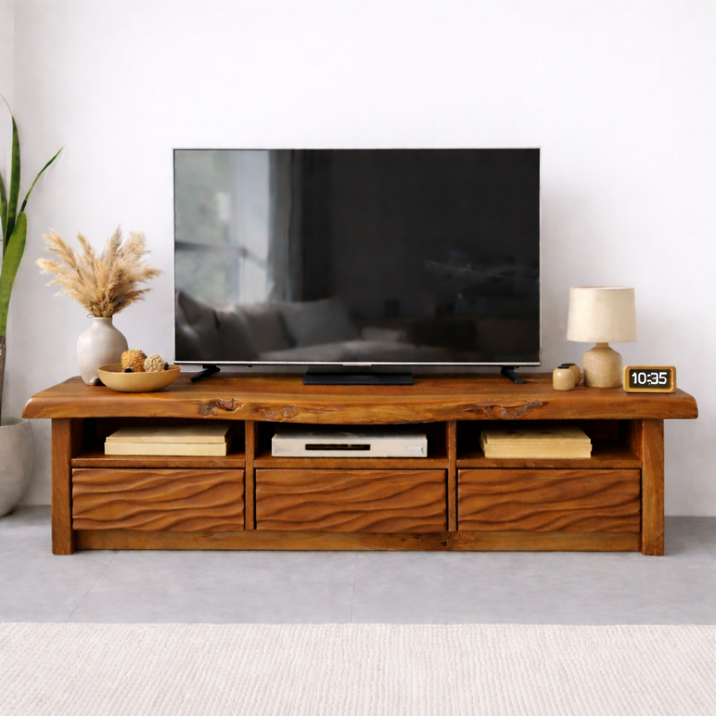 Natural Solid Oak TV Stand with Wavy Drawer Fronts, Rustic Media Console for Living Room
