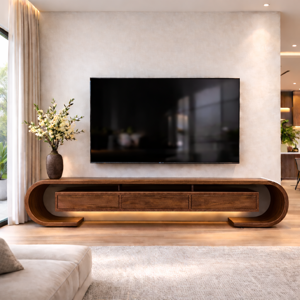 Modern Curved Solid Wood TV Stand – Walnut Floating Media Console with Drawers Kitchnce