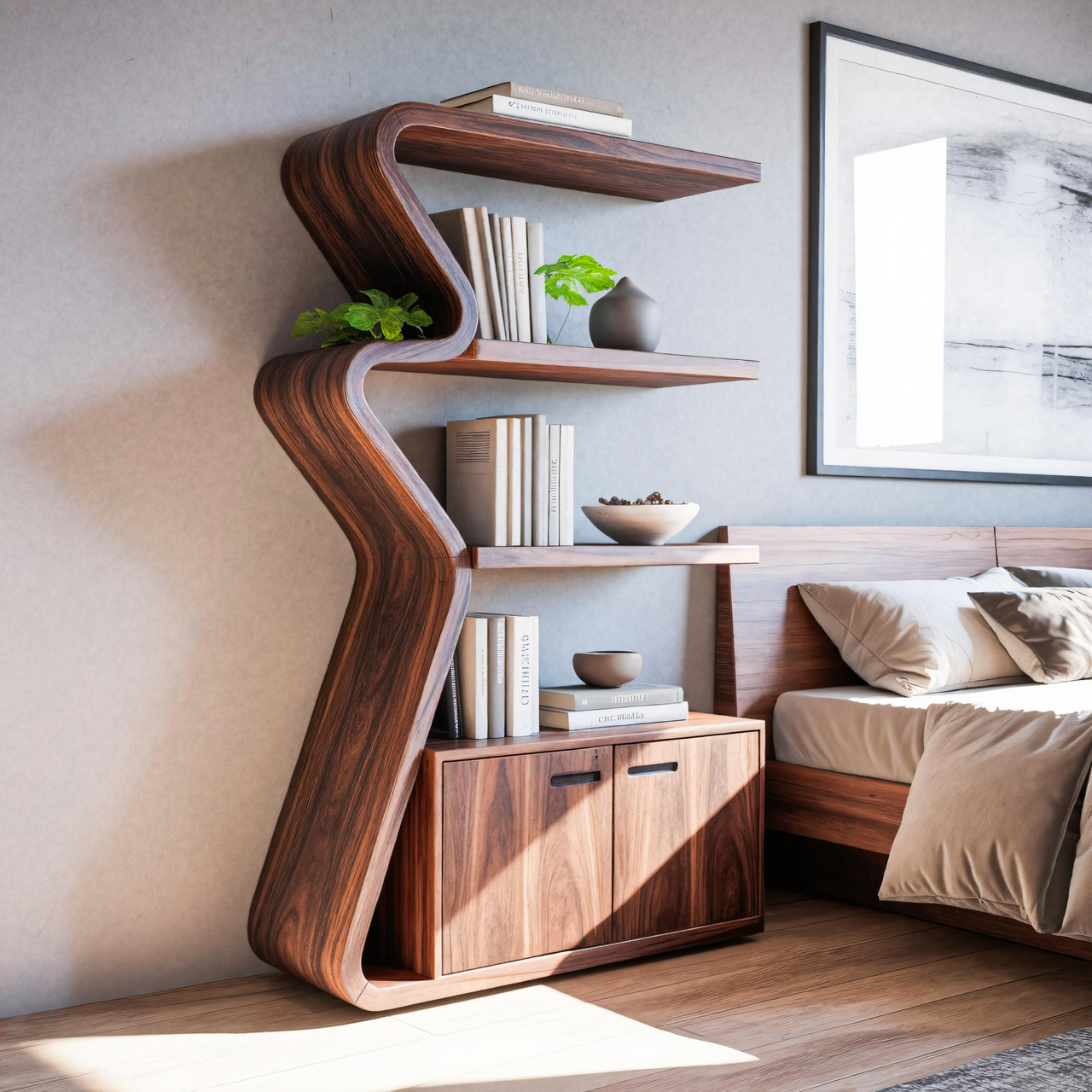 Modern Zigzag Bookshelf With Cabinet For Living Room Or Office Kitchnce