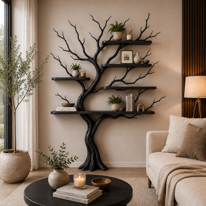 Organic Solid Wood Tree Bookshelf with Floating Shelves
