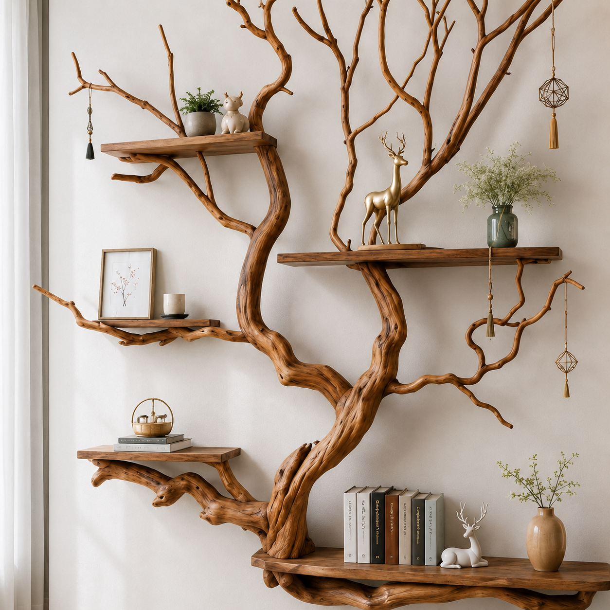Handcrafted Solid Wood Tree Bookshelf with Organic Flowing Branches