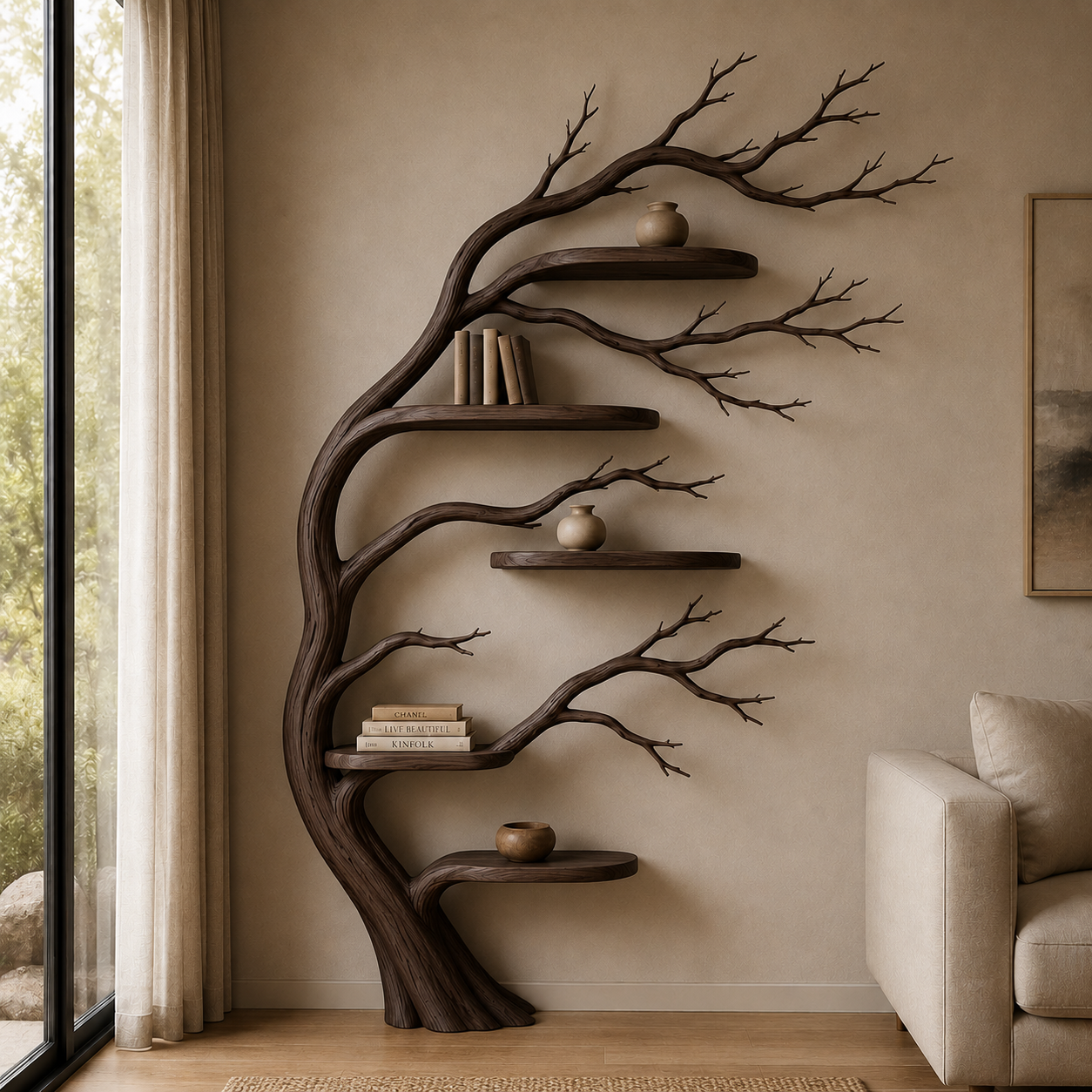 Handcrafted Solid Wood Tree Bookshelf, Organic Wall Shelf