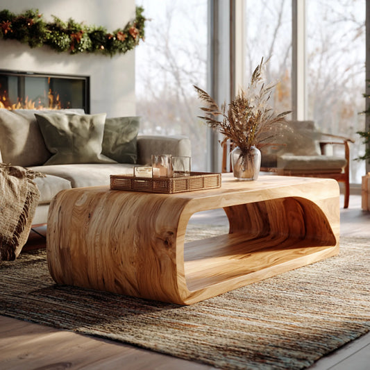 Solid Wood Coffee Table with Curved Hollow Base and Seamless Form