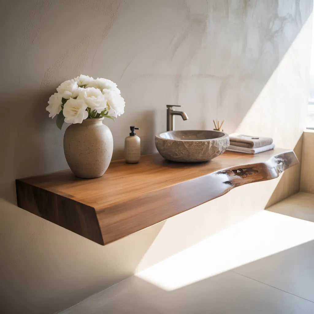 Live Edge Floating Vanity Shelf | Solid Wood Single Sink Bathroom Counter Kitchnce