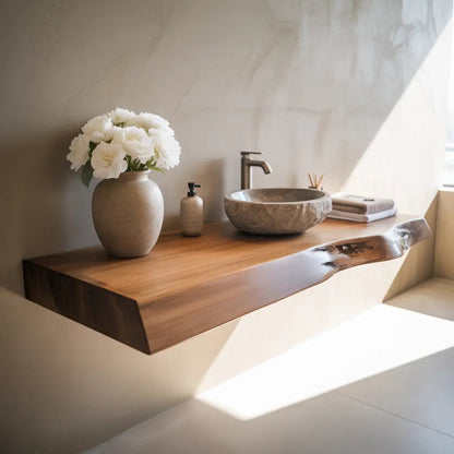 Live Edge Floating Vanity Shelf | Solid Wood Single Sink Bathroom Counter Kitchnce
