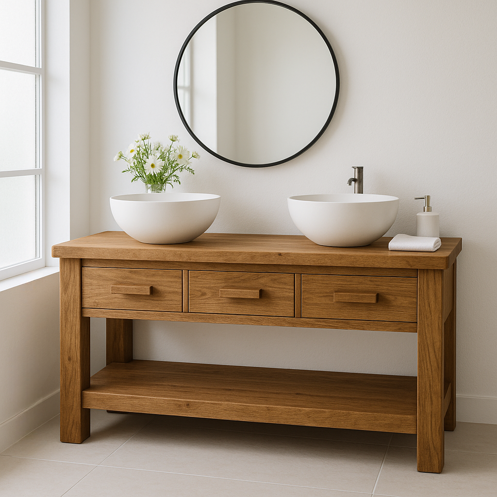 Handcrafted Solid Wood Double Bathroom Vanity – Minimal Rustic Base with 3 Drawers and Open Shelf Kitchnce