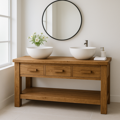Handcrafted Solid Wood Double Bathroom Vanity – Minimal Rustic Base with 3 Drawers and Open Shelf Kitchnce