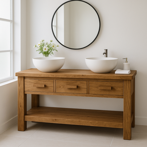 Handcrafted Solid Wood Double Bathroom Vanity – Minimal Rustic Base with 3 Drawers and Open Shelf Kitchnce
