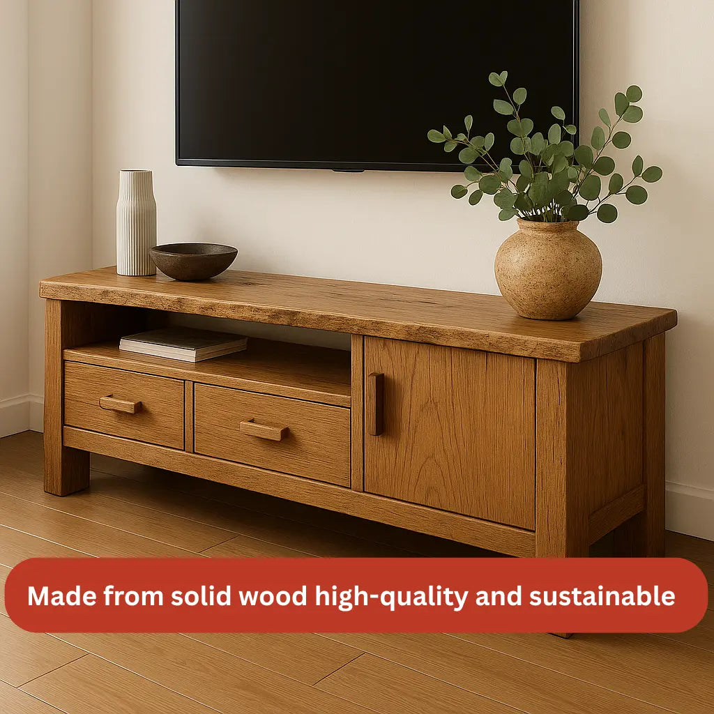 Handcrafted Solid Wood TV Stand – Rustic Hickory Media Console with Drawers and Cabinet Door Kitchnce