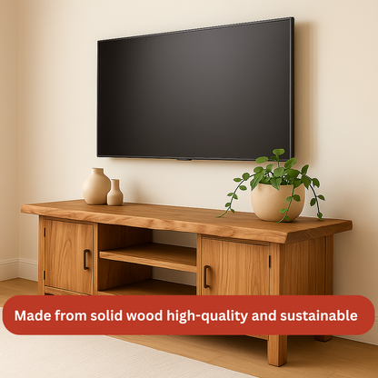 Handcrafted Solid Wood TV Stand – Natural Maple Media Console with Live Edge Top and Cabinets Kitchnce