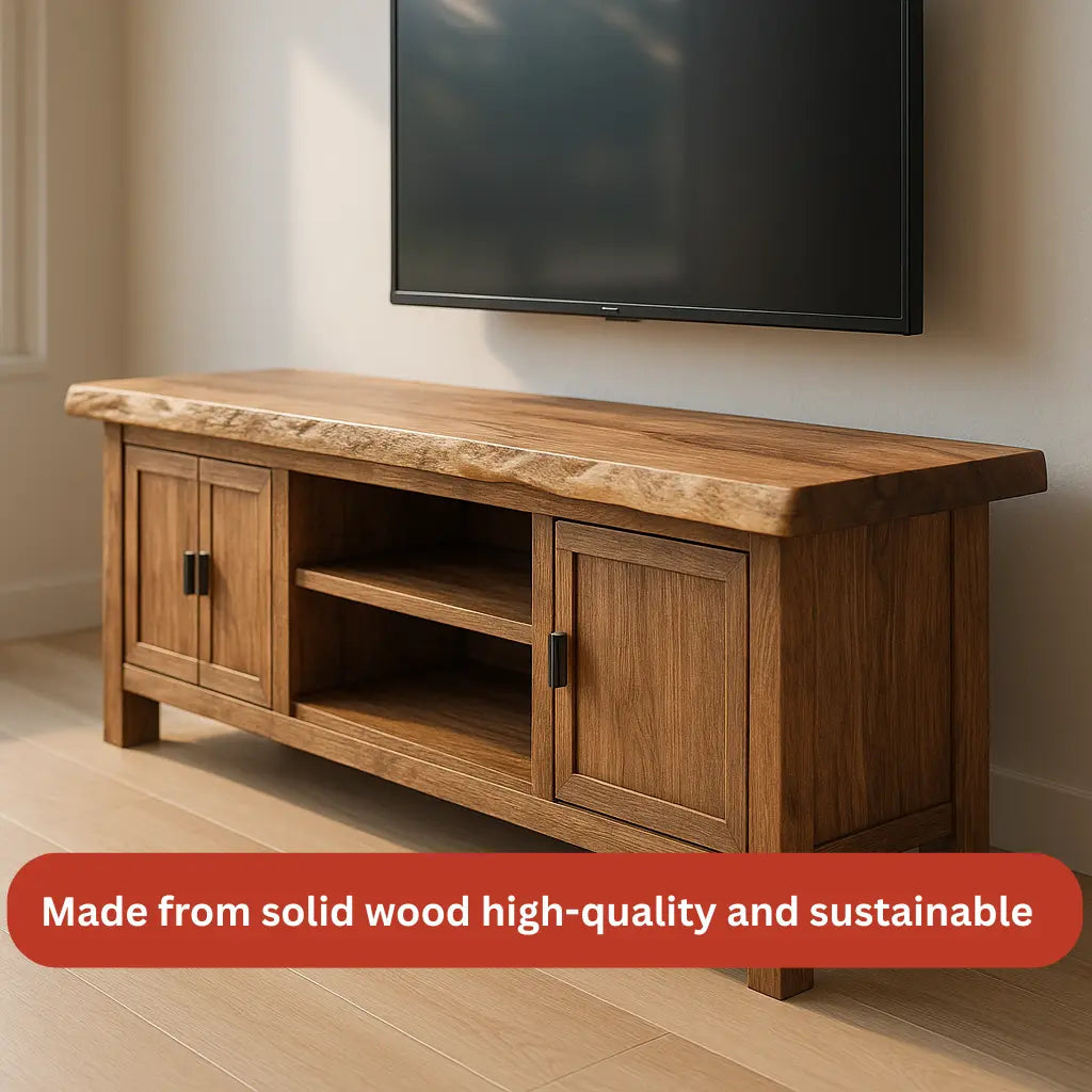Handcrafted Solid Wood TV Stand – Rustic Hickory Media Console with Live Edge Top and Cabinets Kitchnce