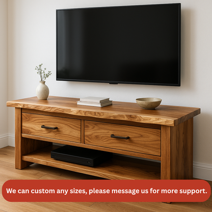 Handcrafted Solid Wood TV Stand – Natural Hickory Media Console with Drawers and Open Shelf Kitchnce