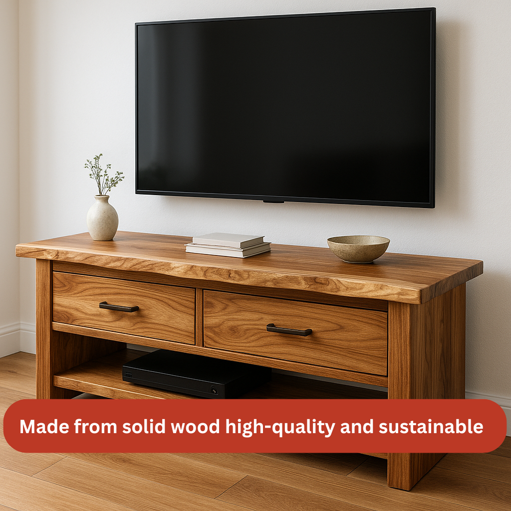 Handcrafted Solid Wood TV Stand – Natural Hickory Media Console with Drawers and Open Shelf Kitchnce