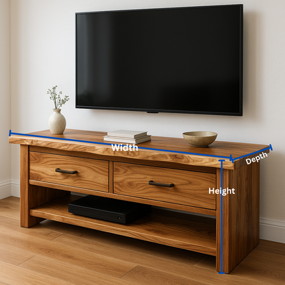Handcrafted Solid Wood TV Stand – Natural Hickory Media Console with Drawers and Open Shelf Kitchnce