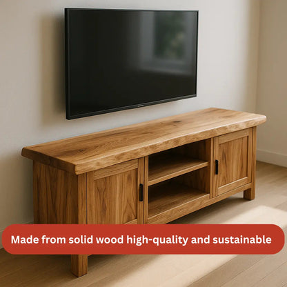 Handcrafted Solid Wood TV Stand – Rustic Hickory Media Console with Cabinets and Open Shelves Kitchnce
