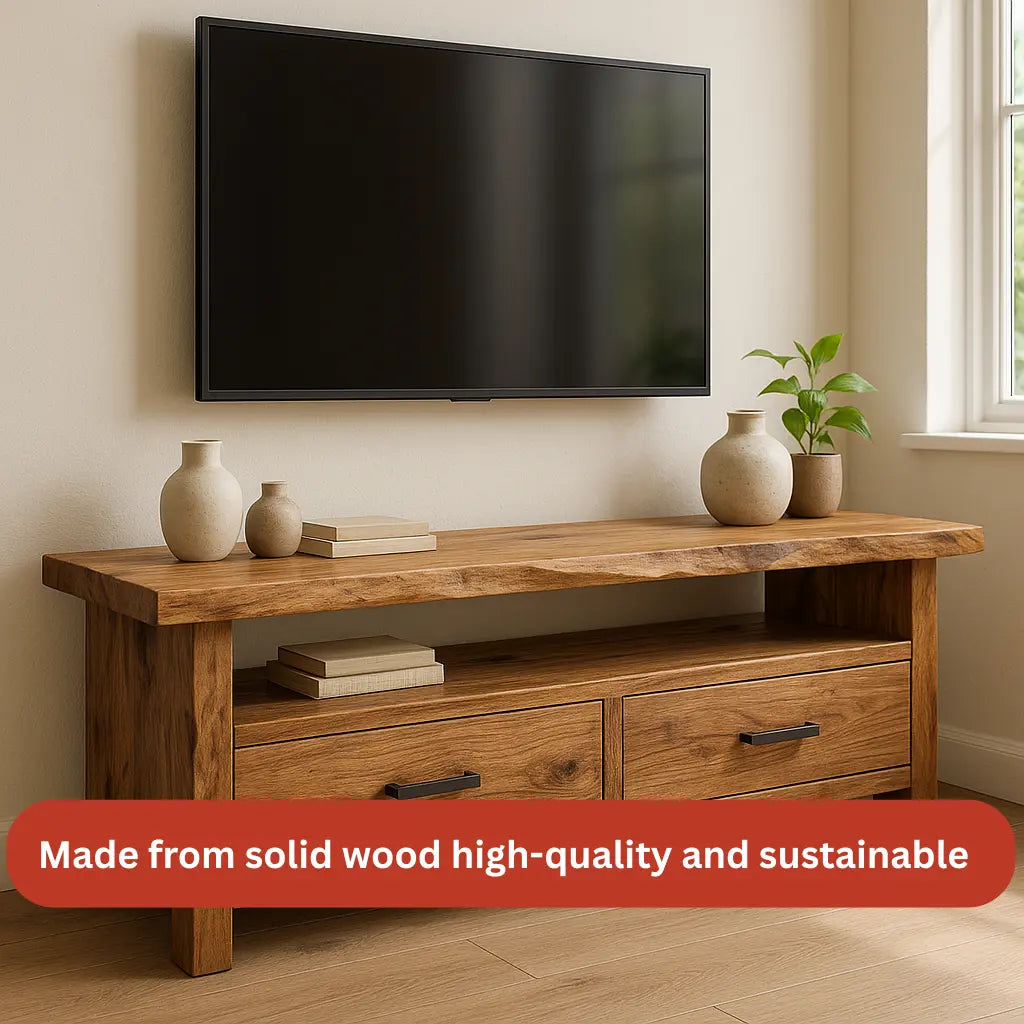 Handcrafted Solid Wood TV Stand – Rustic Hickory Media Console with Drawers and Live Edge Top Kitchnce