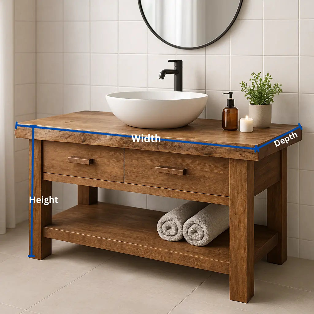 Handcrafted Solid Wood Bathroom Vanity with Live Edge Top and Open Shelf Storage Kitchnce