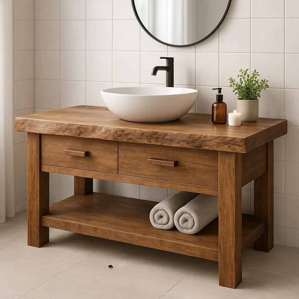 Handcrafted Solid Wood Bathroom Vanity with Live Edge Top and Open Shelf Storage Kitchnce