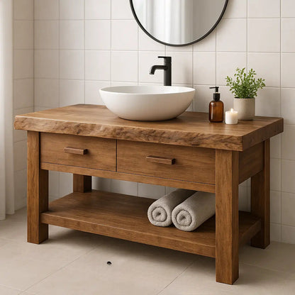 Handcrafted Solid Wood Bathroom Vanity with Live Edge Top and Open Shelf Storage Kitchnce
